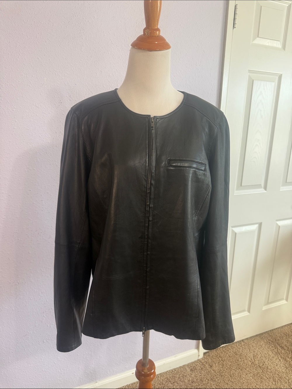 Eileen Fisher Women Black Lambskin Leather Round Neck Zip Up Jacket Size XL